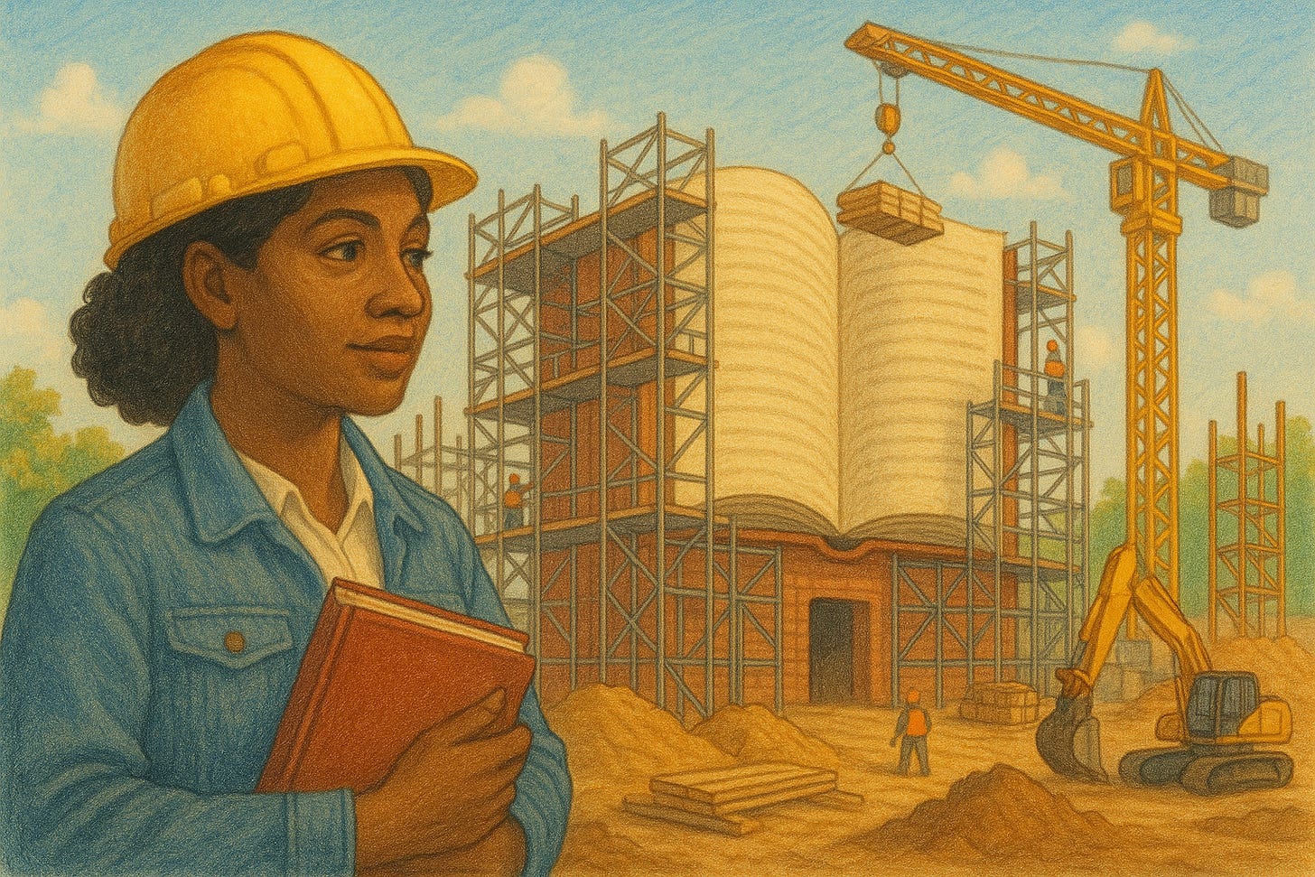 a Black woman writer with a yellow hard hat, overseeing a construction site where a building in the shape of a large, open book is being built. There is scaffolding and construction equipment all around.