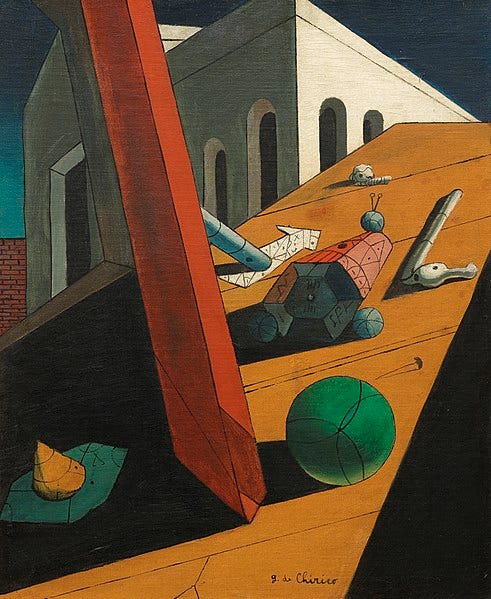 File:Giorgio de Chirico, 1914-15, Le mauvais génie d’un roi (The Evil Genius of a King), oil on canvas, 61 × 50.2 cm, Museum of Modern Art, New York.jpg