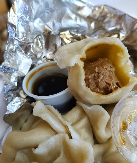 Photos of a variety of dumplings, steamed and potsticker style, with some cross sections to show the stuffing