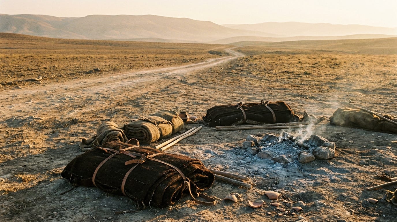 A weathered desert road at first light leading toward distant hills, an abandoned campsite with folded tents and a cold fire in the foreground, warm low sun