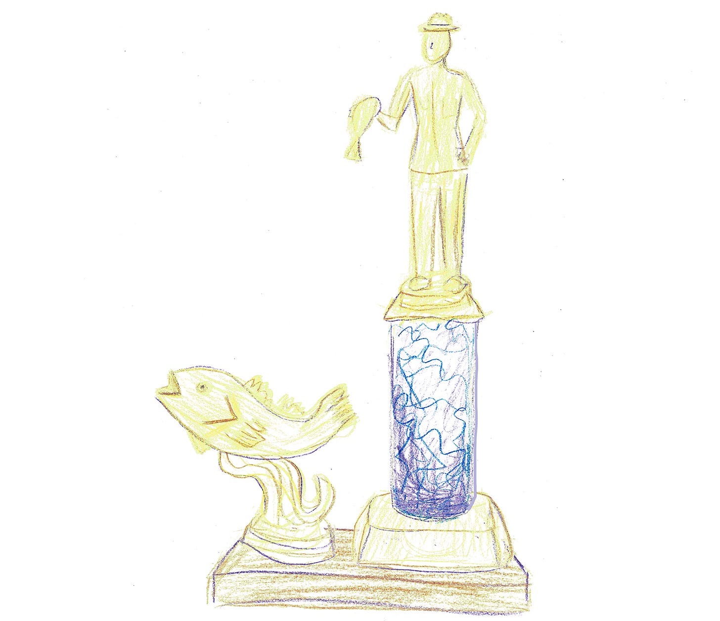 a coloured pencil drawing of a trophy. it's a rectangle base with a golden fish, and a man on a podium holding a fish a coloured pencil drawing of a trophy. it's a rectangle base with a golden fish, and a man on a podium holding a fish