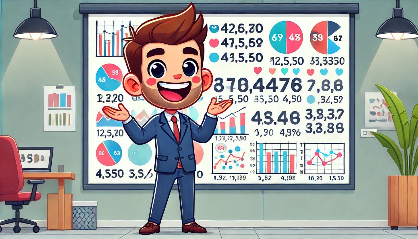 A cheerful cartoon-style man presenting a variety of numbers and data on a large whiteboard. The man is wearing business casual attire, smiling, and gesturing toward the board enthusiastically. The whiteboard is filled with colorful charts, graphs, and numbers, making it visually engaging. The setting is a modern office, and the overall vibe is friendly and professional. The image is designed in a 16:9 aspect ratio.