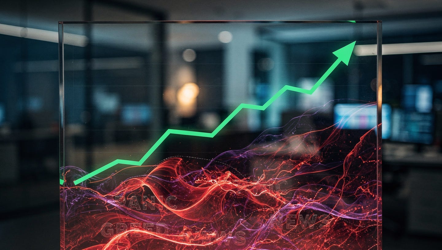 A hyper-realistic, cinematic close-up of a high-end financial glass screen. In the foreground, a clean and steady green trend line is visible. However, through a "X-ray" or "digital layer" effect, the area beneath the chart reveals a chaotic, glowing storm of red and purple energy waves, symbolizing "Market Noise," "Human Emotion," and "Black Swan Events." Faint, ghostly words like 'PANIC,' 'GREED,' and 'NEWS' are woven into the chaotic waves. The background shows a blurred, professional office at night with soft bokeh lights. The focus is sharp on the contrast between the neat surface line and the invisible, turbulent forces below. 8k resolution, photorealistic, dramatic lighting, sharp textures. A hyper-realistic, cinematic close-up of a high-end financial glass screen. In the foreground, a clean and steady green trend line is visible. However, through a "X-ray" or "digital layer" effect, the area beneath the chart reveals a chaotic, glowing storm of red and purple energy waves, symbolizing "Market Noise," "Human Emotion," and "Black Swan Events." Faint, ghostly words like 'PANIC,' 'GREED,' and 'NEWS' are woven into the chaotic waves. The background shows a blurred, professional office at night with soft bokeh lights. The focus is sharp on the contrast between the neat surface line and the invisible, turbulent forces below. 8k resolution, photorealistic, dramatic lighting, sharp textures.