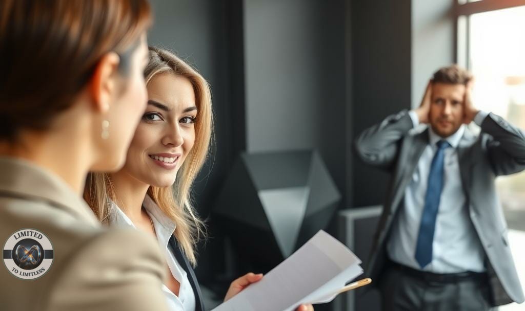 A photograph of a business woman getting a lot of attention while a used car salesman is frustrated in teh corner.