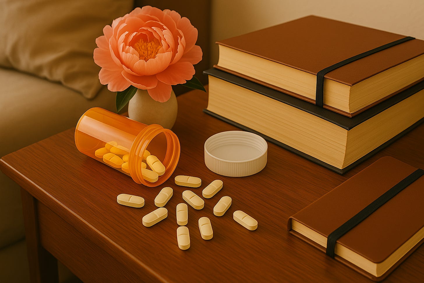 Create a variation of an empty pill bottle laying on its side on a bedside table, with some books, a journal, and a peony flower also on the bedside table.