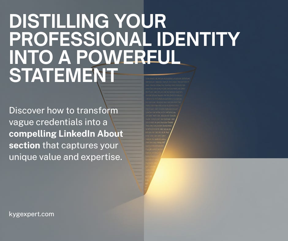A minimalist editorial illustration showing a cluttered paragraph of text on the left being distilled through a funnel into a single glowing highlighted sentence on the right, representing a LinkedIn About section being simplified. Clean flat vector design, muted navy and warm gold palette, lots of white space, professional business/strategy aesthetic, no readable words in the image. A minimalist editorial illustration showing a cluttered paragraph of text on the left being distilled through a funnel into a single glowing highlighted sentence on the right, representing a LinkedIn About section being simplified. Clean flat vector design, muted navy and warm gold palette, lots of white space, professional business/strategy aesthetic, no readable words in the image.