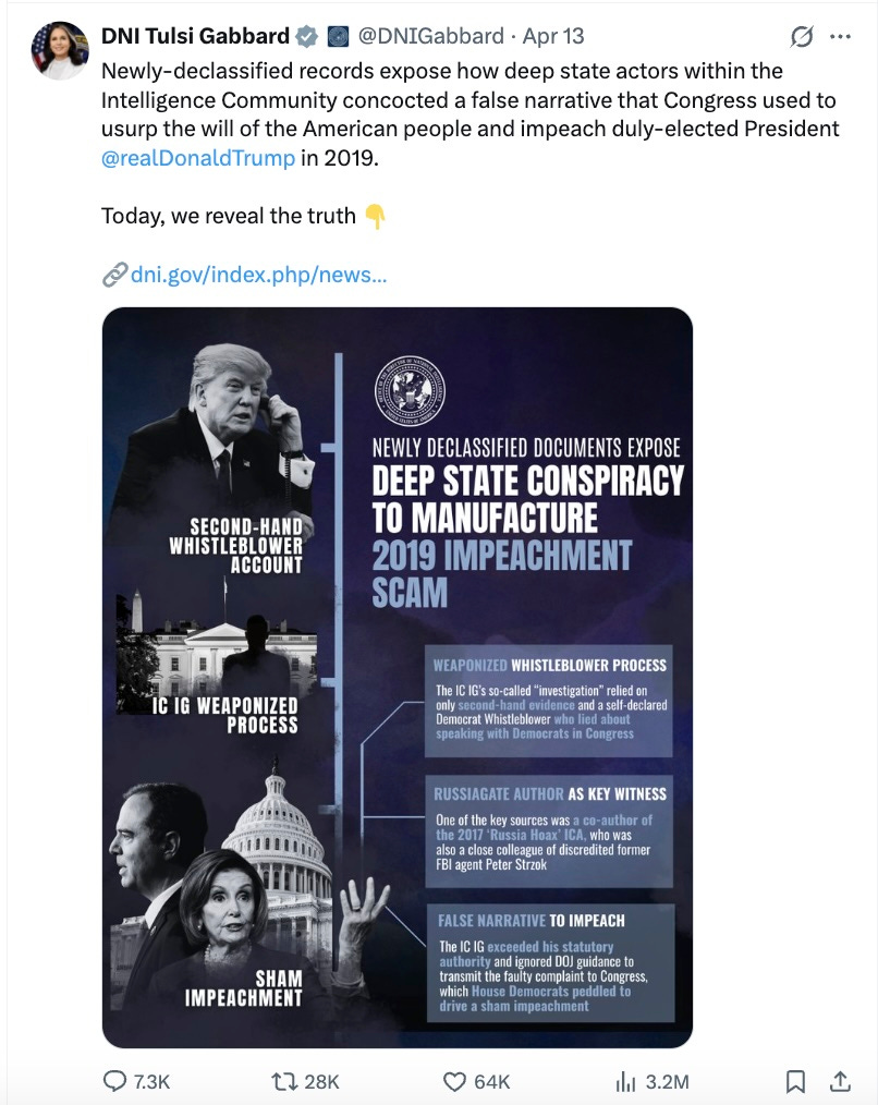 Newly-declassified records expose how deep state actors within the Intelligence Community concocted a false narrative that Congress used to usurp the will of the American people and impeach duly-elected President @realDonaldTrump in 2019. Today, we reveal the truth   https://  dni.gov/index.php/news  room/press-releases/press-releases-2026/4154-pr-06-26