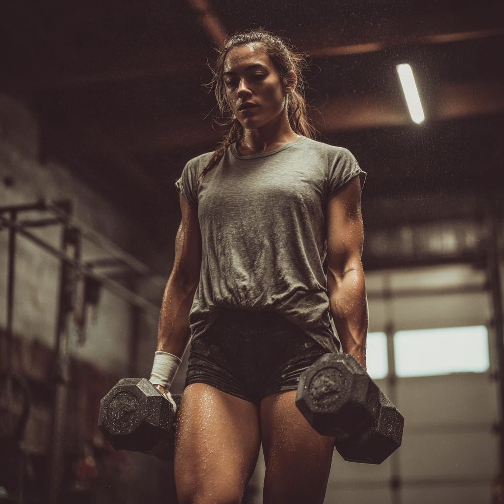 Fit athletic woman doing dumbbell farmers walks in training. 