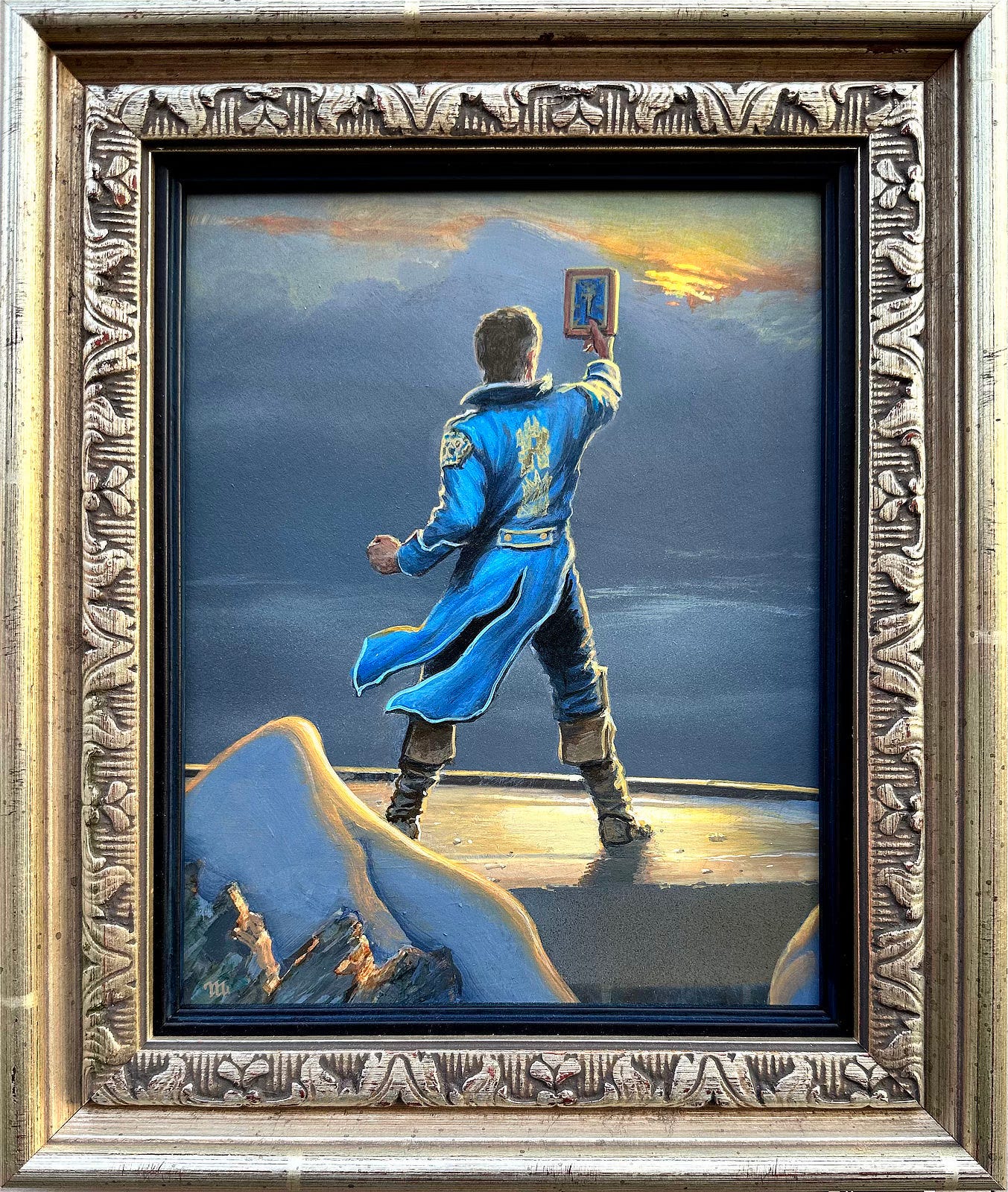 HONOR'S CHAMPION (2024) - Figure study for WIND AND TRUTH framed in warm silver moulding. Dalinar Kholin stands at the top of Urithiru holding up a copy of THE WAY OF KINGS. He faces away from the audience with a snow capped peak rising barely above the rooftop platform. The sky is cloudy with golden sun barely breaking through. Dalinar wears a blue Alethi uniform with glyphs on the back. The tails on his coat flat in the wind. HONOR'S CHAMPION (2024) - Figure study for WIND AND TRUTH framed in warm silver moulding. Dalinar Kholin stands at the top of Urithiru holding up a copy of THE WAY OF KINGS. He faces away from the audience with a snow capped peak rising barely above the rooftop platform. The sky is cloudy with golden sun barely breaking through. Dalinar wears a blue Alethi uniform with glyphs on the back. The tails on his coat flat in the wind.