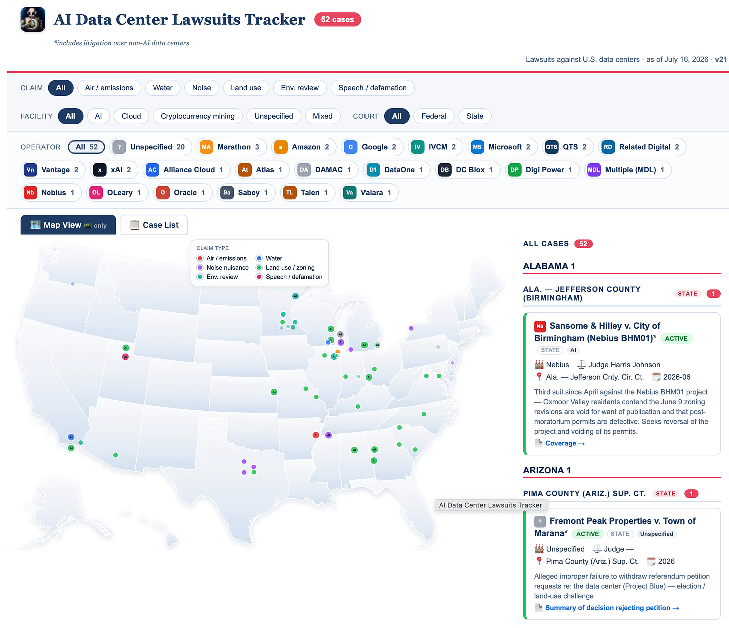 Data Center Lawsuit Map
