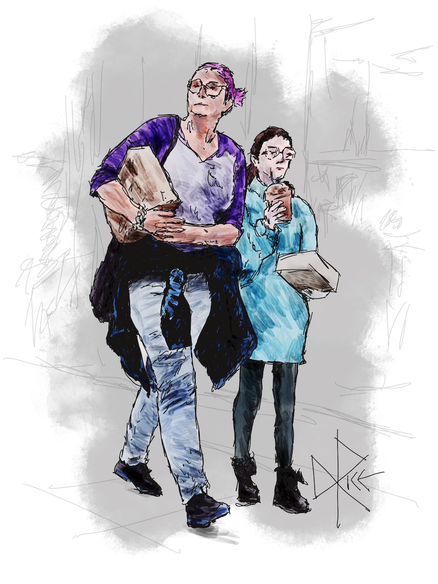 A woman and teen girl arrive at a party with gifts in hand, both dressed mainly in the lower-frequency visible spectrum hues of blue, indigo, and violet. Sketch art by Don Rice.