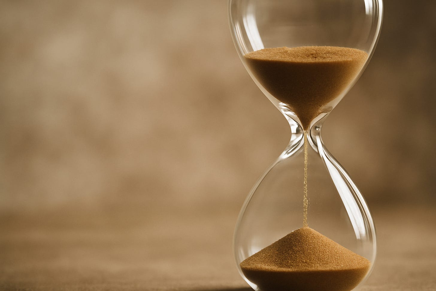 - "A close-up of an hourglass with sand flowing through, symbolizing the passage of time."