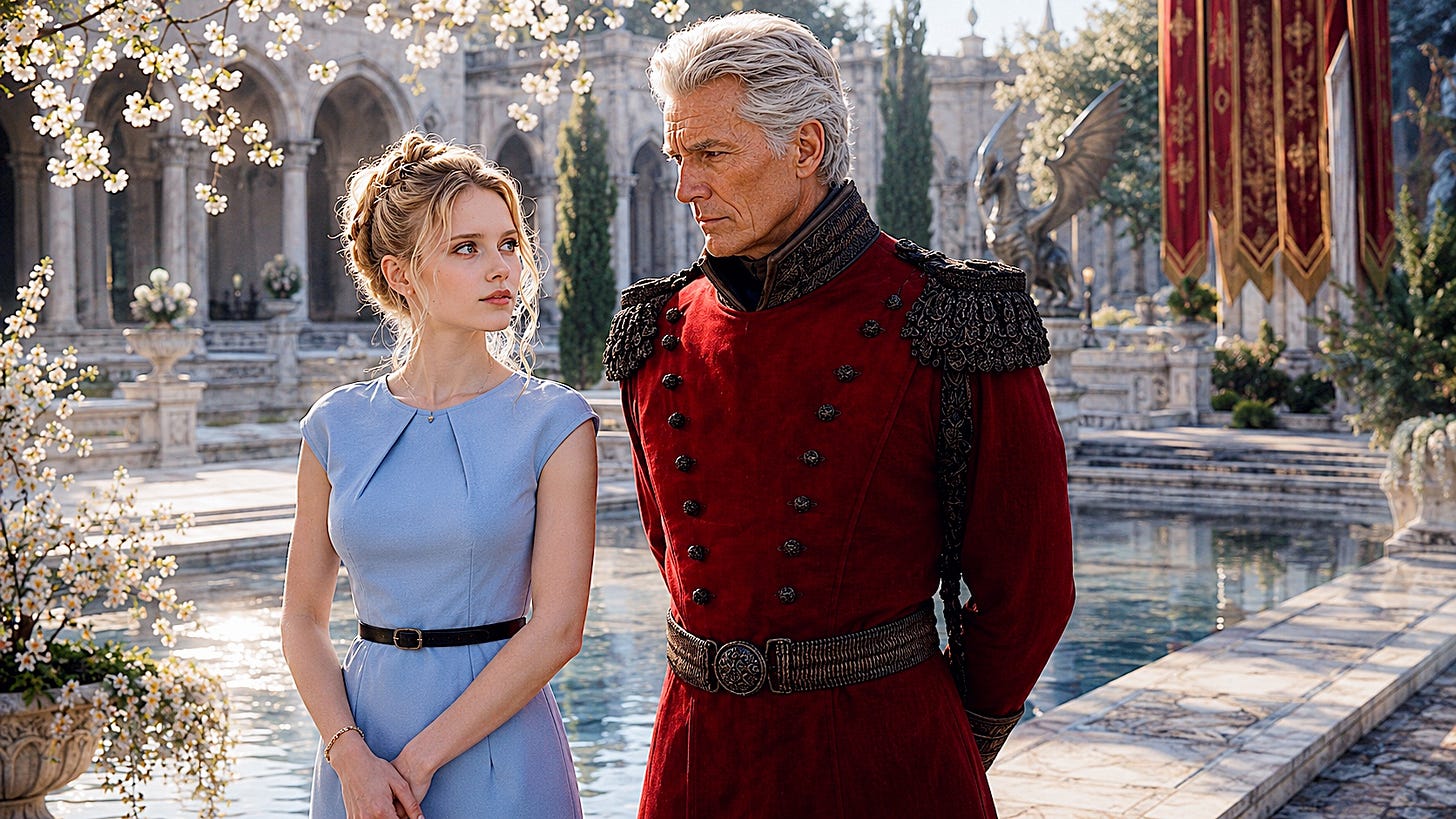 In a sunlit palace garden, a young blonde woman in a pale blue dress stands beside an older silver-haired man wearing an ornate crimson military coat. They exchange a steady gaze beside a reflecting pool surrounded by flowering trees, marble architecture, banners, and a winged statue. The man appears tense and conflicted while the woman remains calm and unaware of the emotional weight of the encounter.