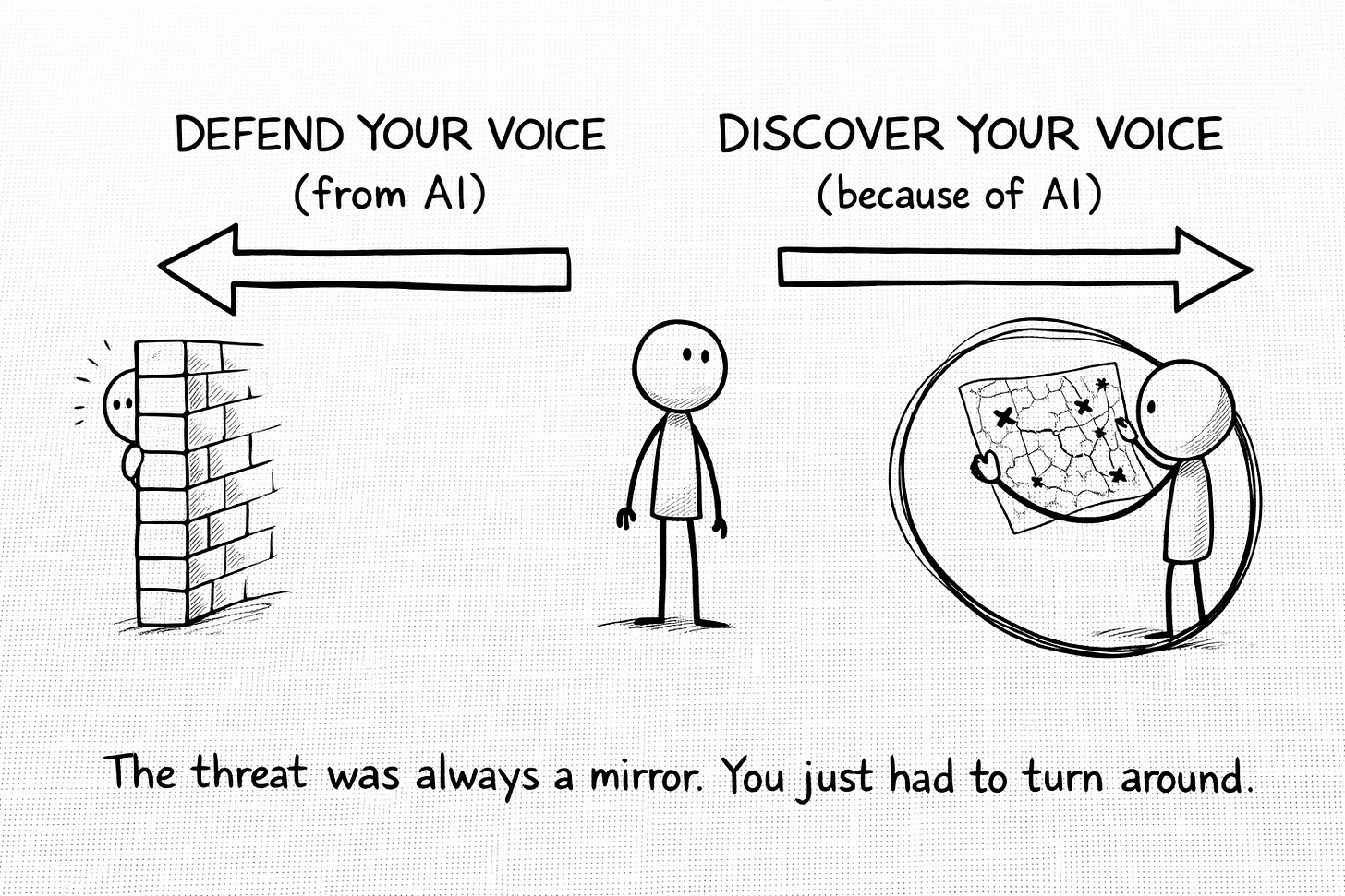 A figure choosing between two directions: defending your voice from AI by hiding behind a wall, or discovering your voice because of AI by exploring it like a map, illustrating that the threat was always a mirror.