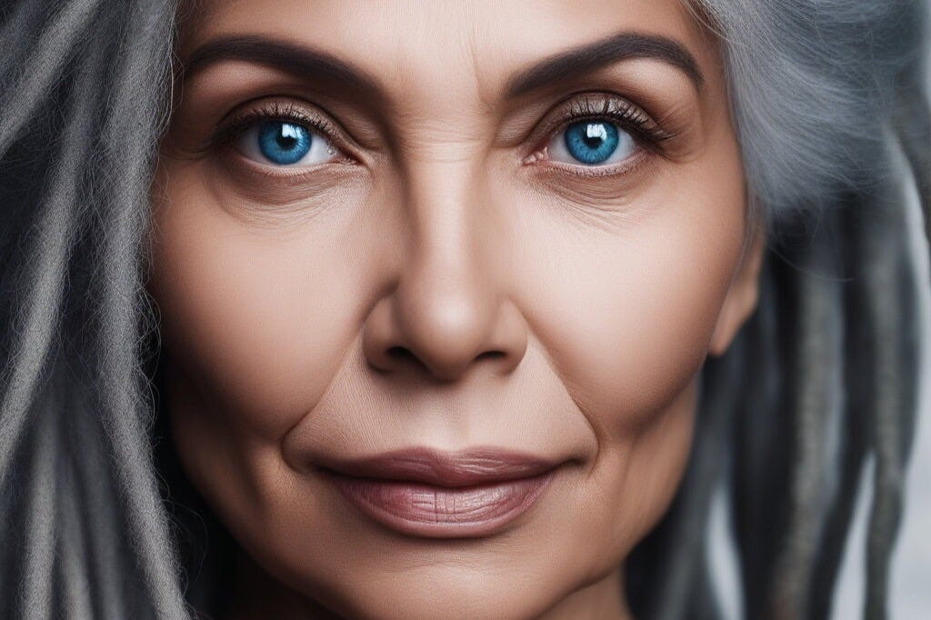 Woman with grey dreadlocks and blue eyes