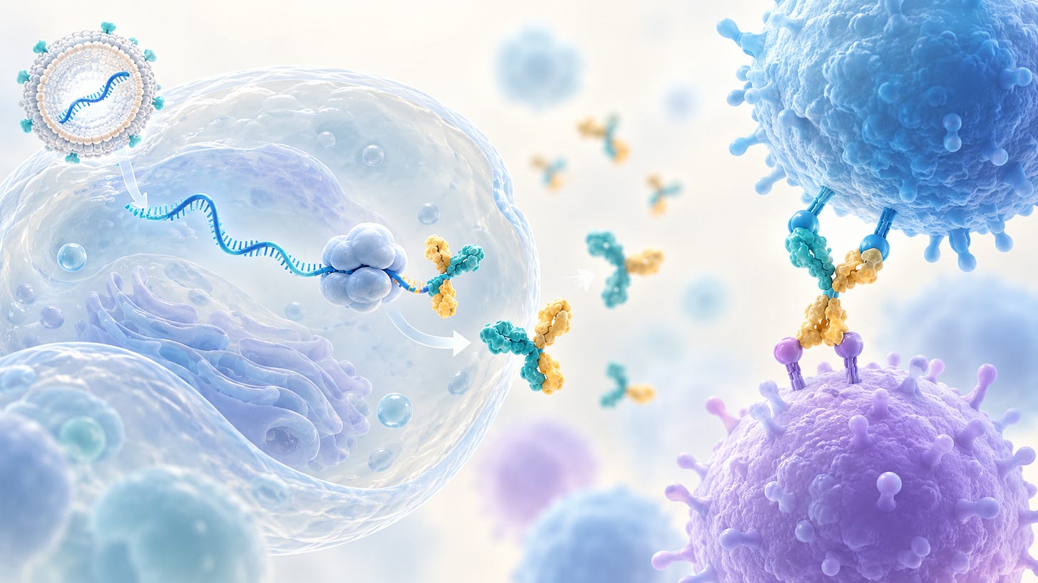 Conceptual illustration of an RNA lipid nanoparticle entering a generic producer cell, followed by protein expression and an abstract T cell engager linking a T cell and a B cell; light background. Not measured ABO2203 biology. Conceptual illustration of an RNA lipid nanoparticle entering a generic producer cell, followed by protein expression and an abstract T cell engager linking a T cell and a B cell; light background. Not measured ABO2203 biology.
