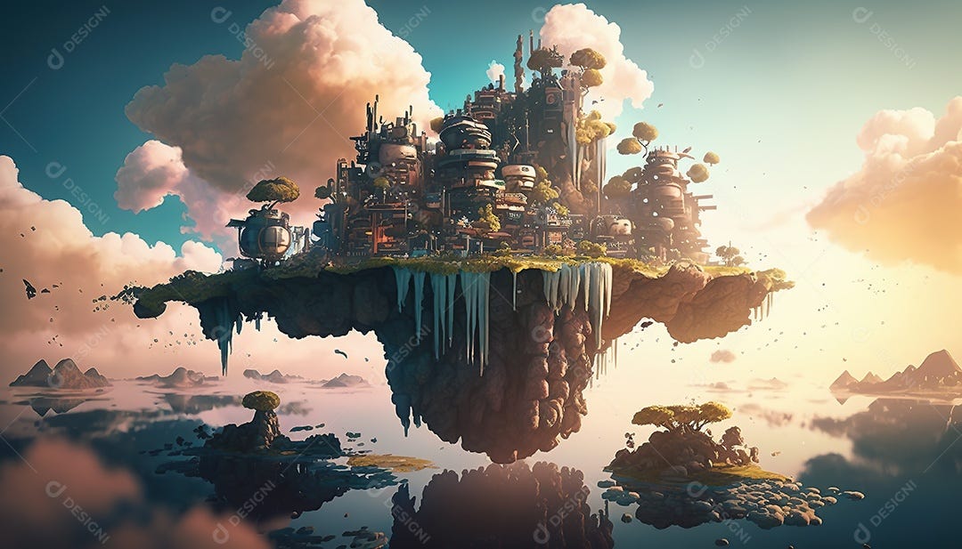 Vista aérea de uma cidade cyberpunk flutuando entre nuvens densas.  Fantasia, futurista, pôr do sol. [download] - Designi
