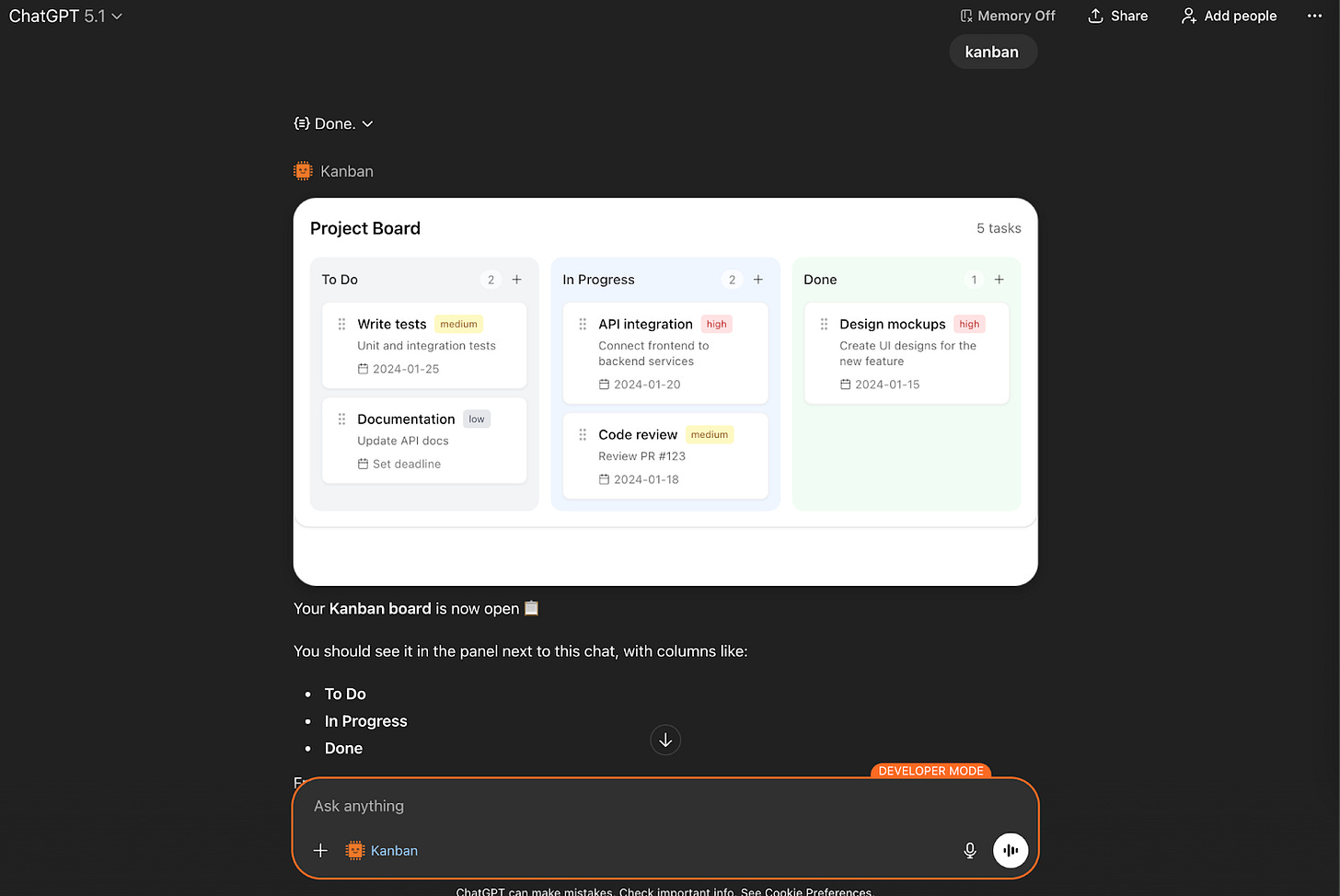 Plan tasks with a kanban board in a ChatGPT app Plan tasks with a kanban board in a ChatGPT app