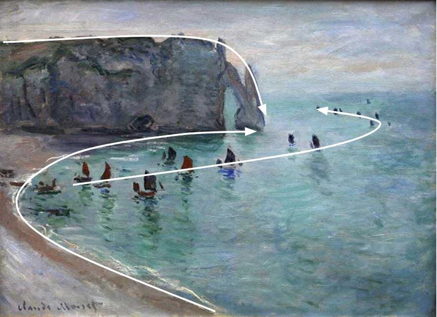 Leading Lines - Claude Monet, Etretat The Aval Door Fishing Boats Leaving The Harbour, 1885
