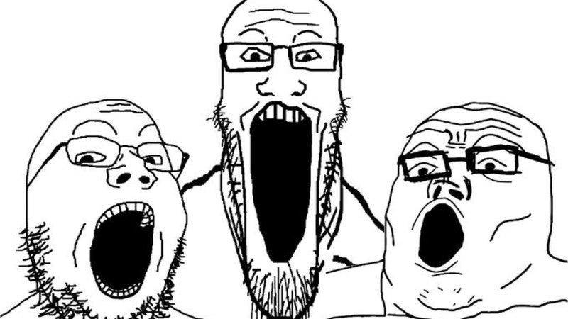 Three Soyjacks screaming/smiling.