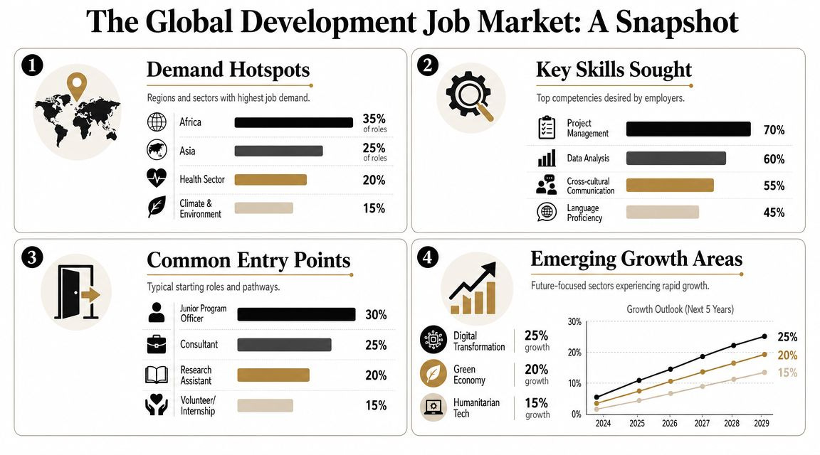An infographic titled The Global Development Job Market showing key trends, skills, and growth sectors for employment. An infographic titled The Global Development Job Market showing key trends, skills, and growth sectors for employment.