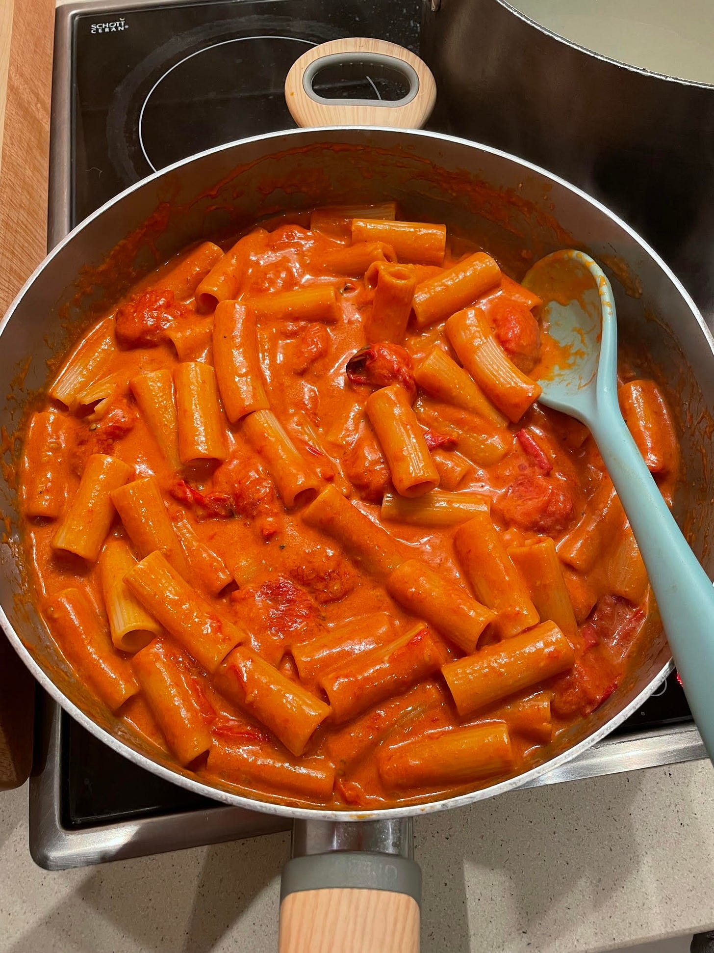 A large saucepan filled with creamy gochujang rigatoni