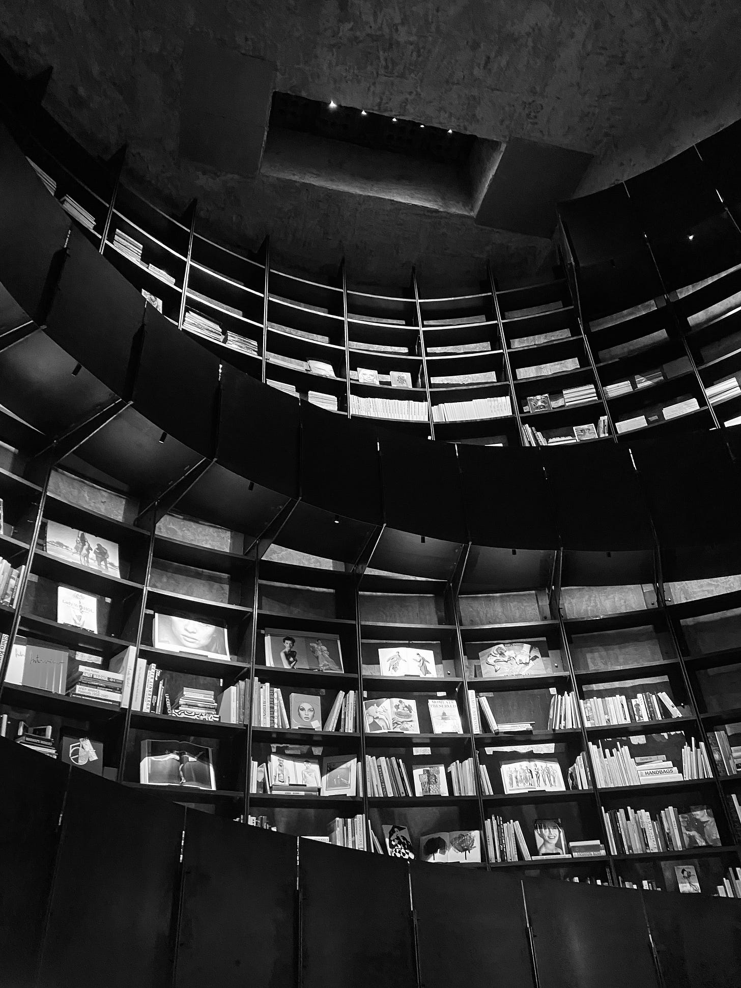 The MOP Foundation Bookstore with a swirling staircase