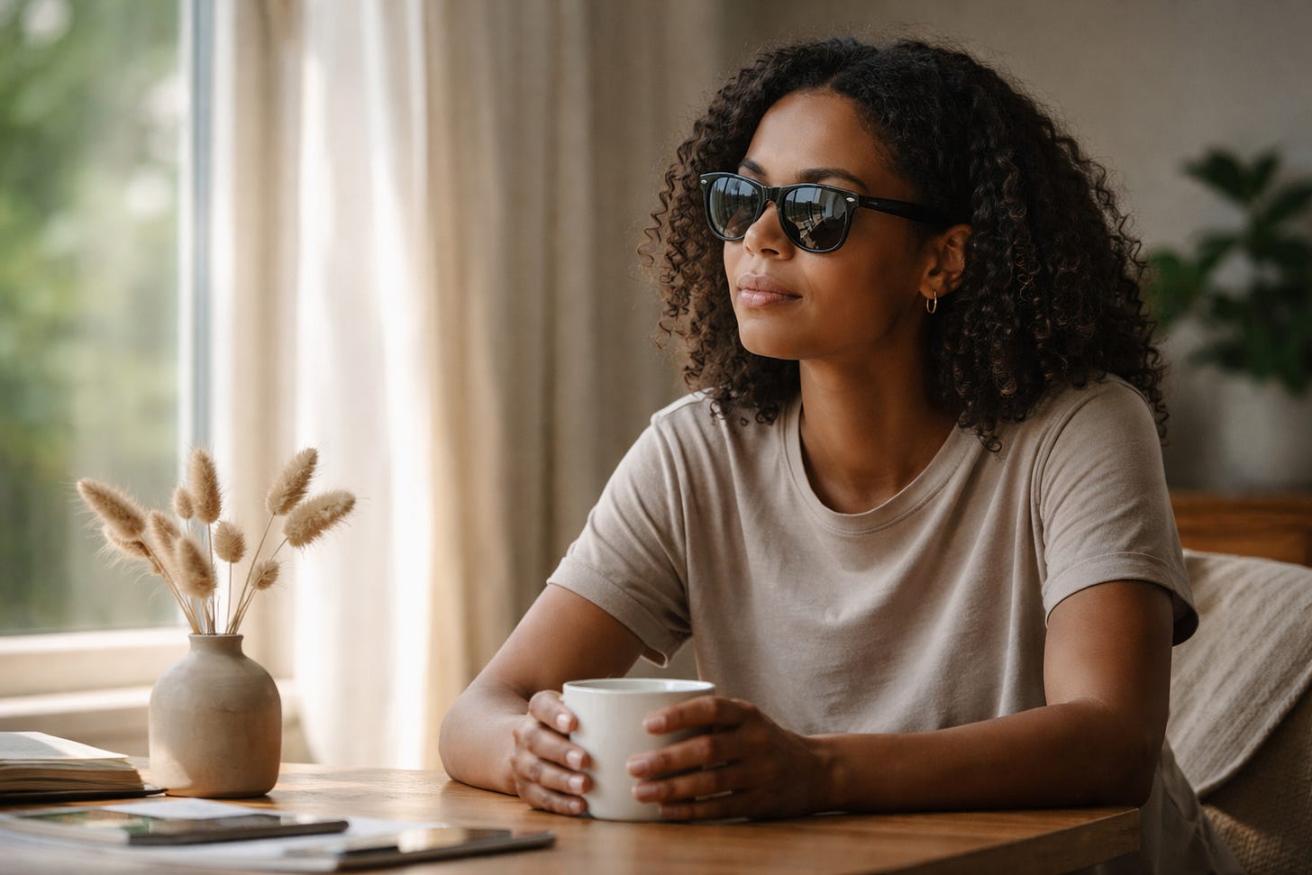 Woman wearing sunglasses indoors, sitting by a window with a mug. Woman wearing sunglasses indoors, sitting by a window with a mug.