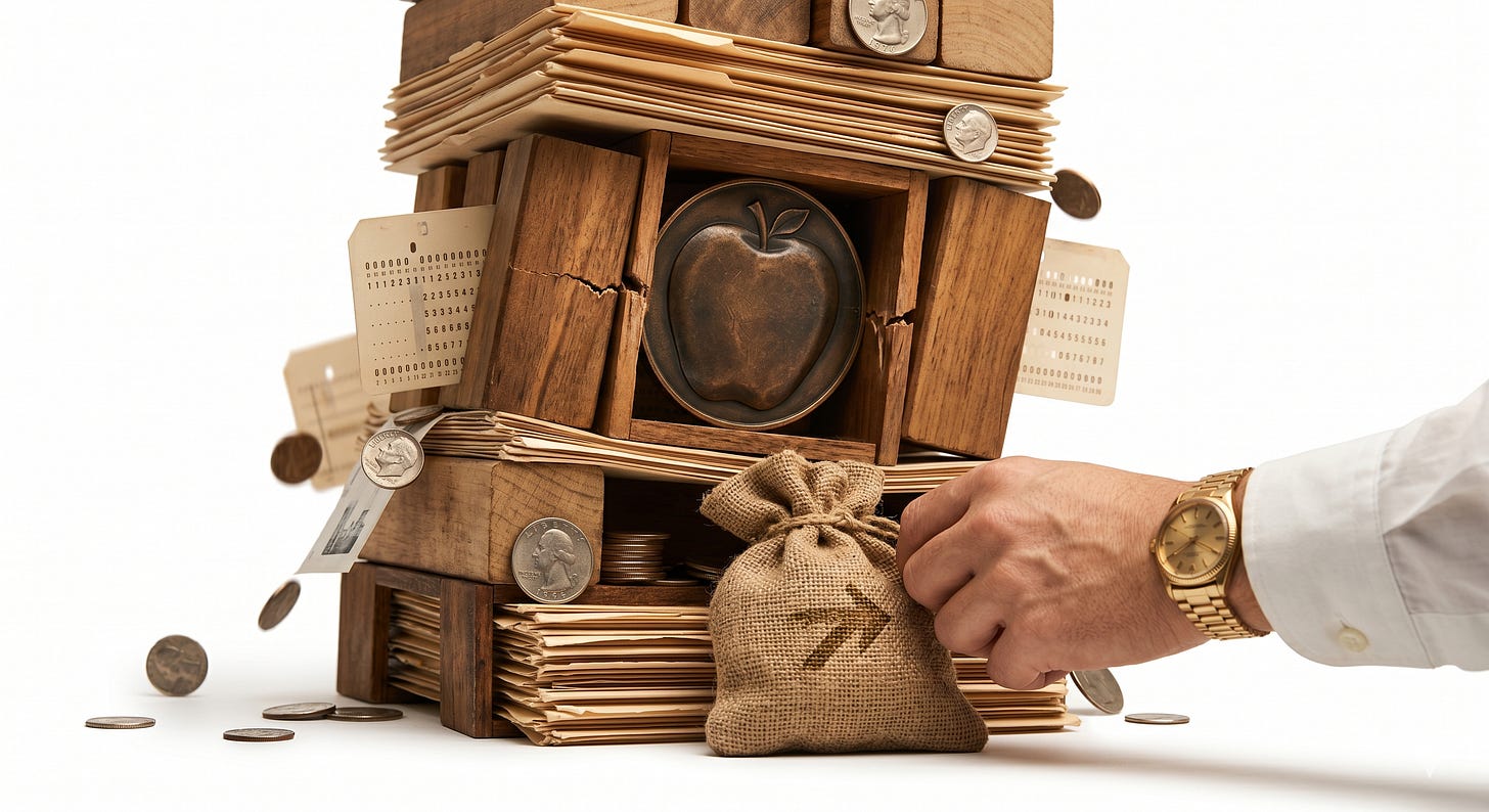 A visual representation of a venture capital fund structure struggling with liquidity, featuring financial documents and coins.