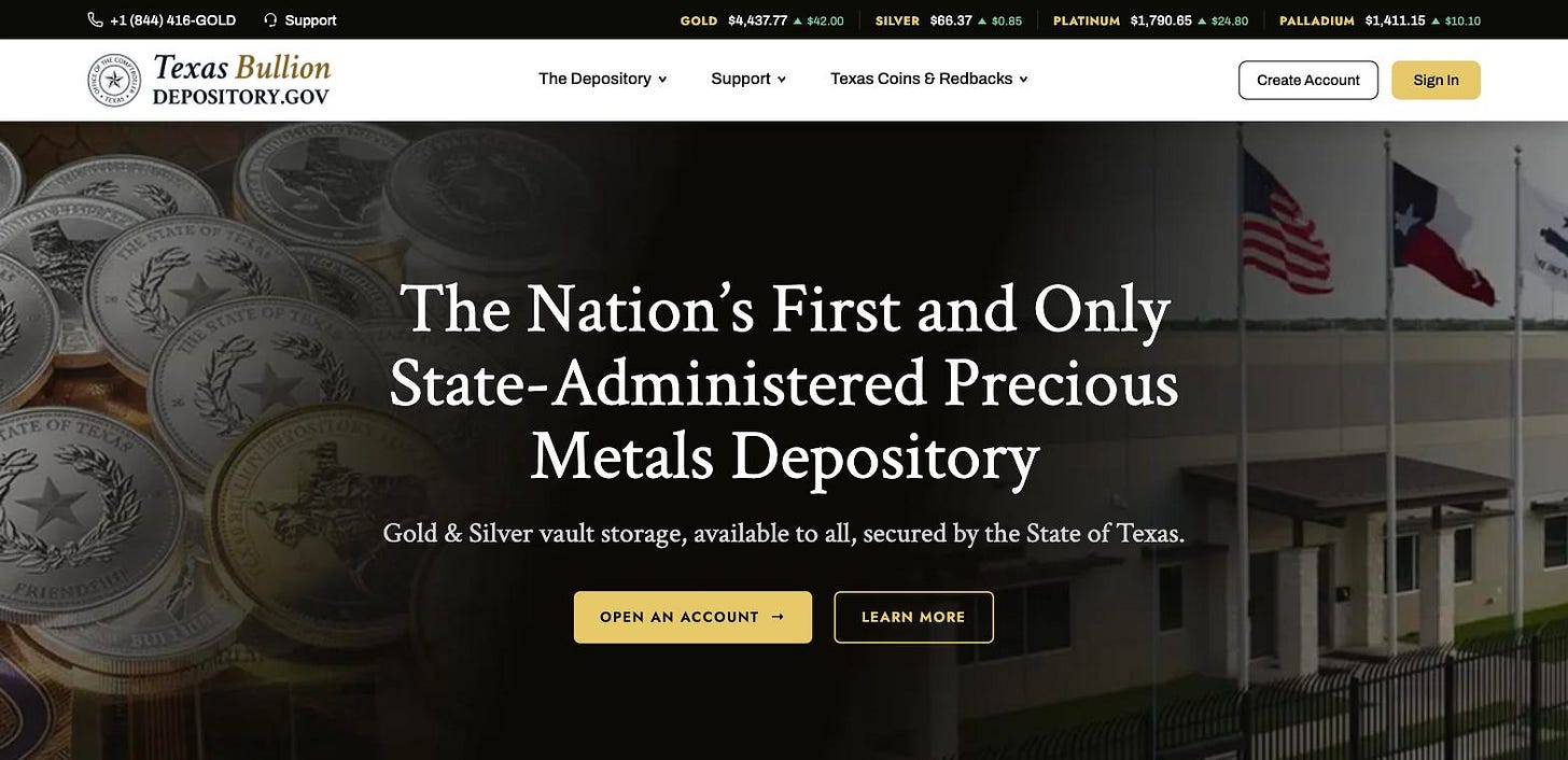 Texas Bullion Depository website homepage featuring gold and silver coins and facility exterior Texas Bullion Depository website homepage featuring gold and silver coins and facility exterior