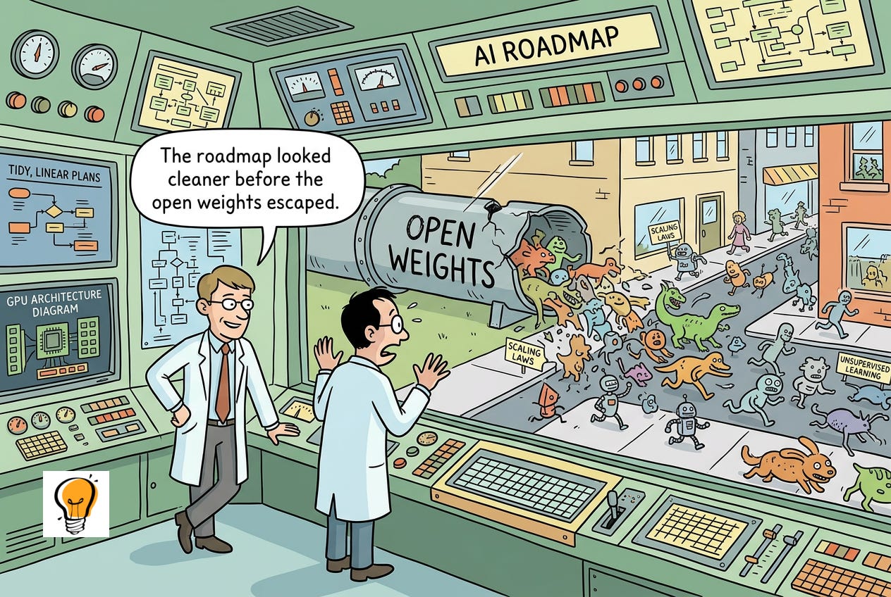 Cartoon hero image of engineers watching tidy AI roadmaps collide with chaotic open-weight models escaping into the world.
