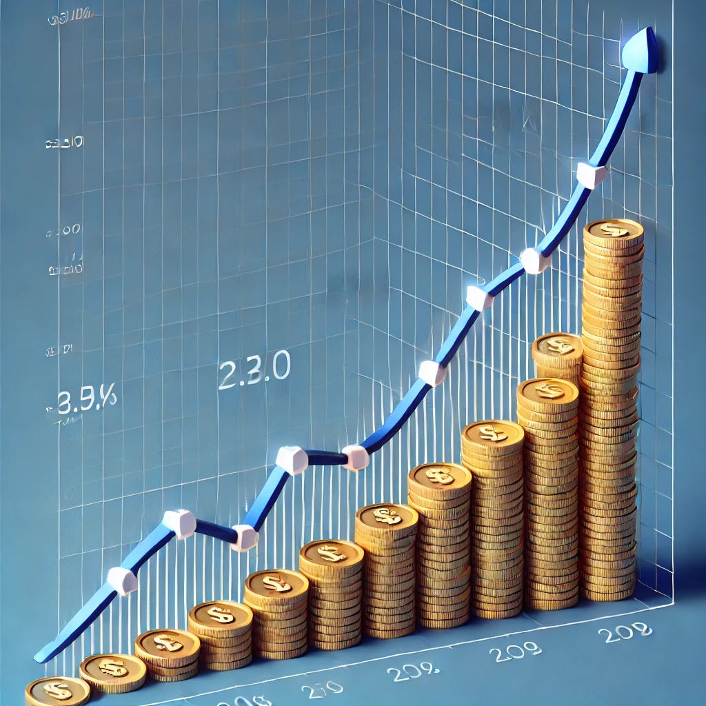 A graph showing a slow, steady increase in value over time with an exponential curve that steepens after several years. The graph represents compounding growth with small increases initially, but the curve steepens dramatically after some time.