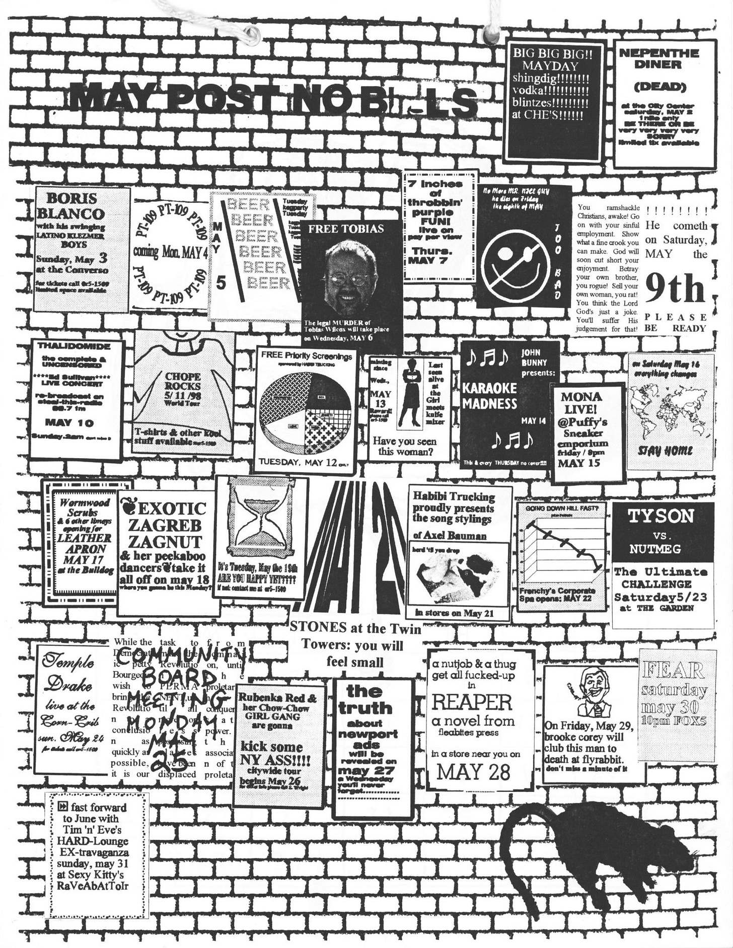 Detail from a 1980s calendar page by MK. The drawing depicts a brick wall with 31 posters on it and a rat in silhouette
