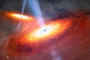 This illustration depicts two quasars in the process of merging. Using both the Gemini North telescope, one half of the International Gemini Observatory, which is supported in part by the U.S. National Science Foundation and operated by NSF NOIRLab, and the Subaru Telescope, a team of astronomers have discovered a pair of merging quasars seen only 900 million years after the Big Bang. Not only is this the most distant pair of merging quasars ever found, but also the first confirmed pair found in the period of the Universe known as Cosmic Dawn.