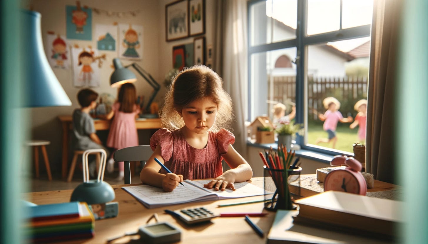 A 7-year-old girl with light brown hair, wearing a pink dress, sits at a desk in her room, focused on doing her homework. She is surrounded by school supplies, books, and a lamp on the desk. The room has a cozy feel with posters on the walls and toys on the floor. Outside the window, other children are playing, running around and having fun in a sunny, grassy yard. The contrast between the indoor quiet and the lively outdoor scene is evident.