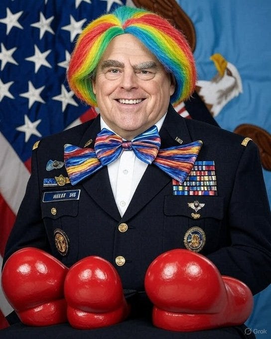 Mark Milley in a military uniform with medals and insignia, wearing a colorful rainbow wig and matching bow tie, holding red boxing gloves, standing in front of an American flag and an eagle emblem. Mark Milley in a military uniform with medals and insignia, wearing a colorful rainbow wig and matching bow tie, holding red boxing gloves, standing in front of an American flag and an eagle emblem.