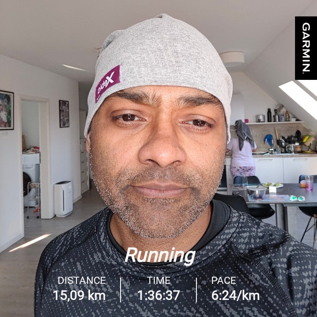 Santosh is training for his first half marathon, and ran his first 15km with pace of 6.25 min/ km