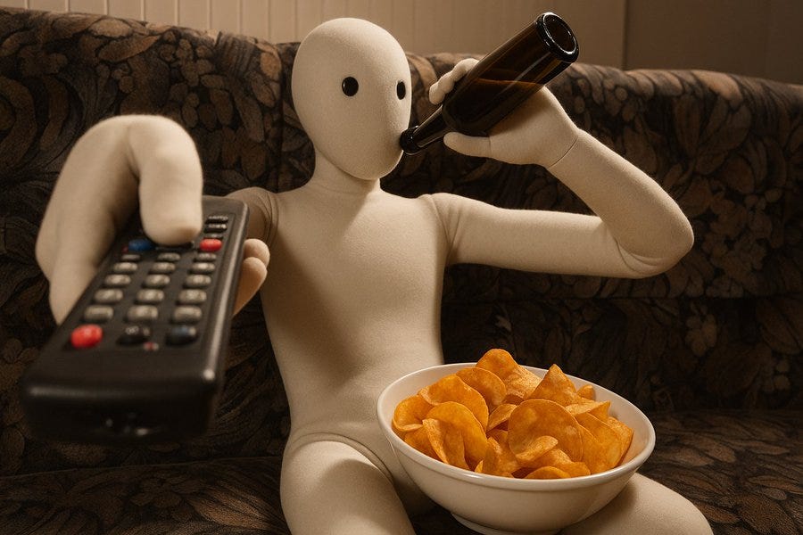 Featureless white humanoid character sits on patterned couch in dimly lit room with wooden walls. Character holds TV remote in right hand and white bowl filled with orange curved snacks in lap. Left hand grips dark bottle raised to mouth for drinking. Character wears plain white bodysuit covering body fully. Couch has green and brown fabric. Snacks resemble chips. Bottle is glass with black liquid.