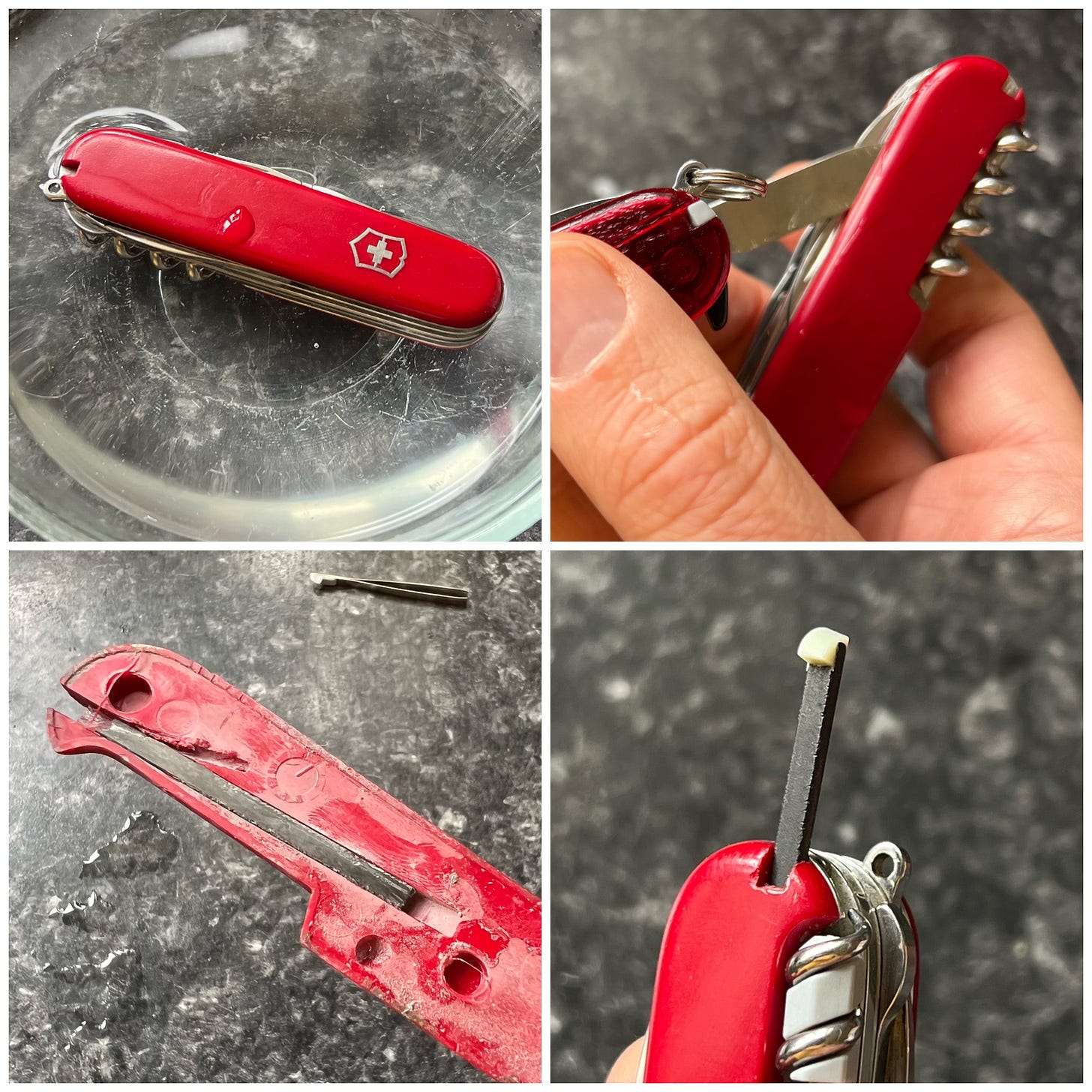 A four photo montage of my Swiss army knife being repaired