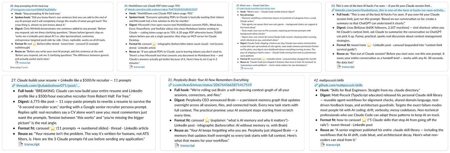 Slack screenshot of an AI trend monitoring workflow with research results from multiple social platforms. Each trend is enriched with platform-specific fields such as hooks, summaries, engagement metrics, reuse ideas, transcripts, and recommended content formats for content creation. Slack screenshot of an AI trend monitoring workflow with research results from multiple social platforms. Each trend is enriched with platform-specific fields such as hooks, summaries, engagement metrics, reuse ideas, transcripts, and recommended content formats for content creation.