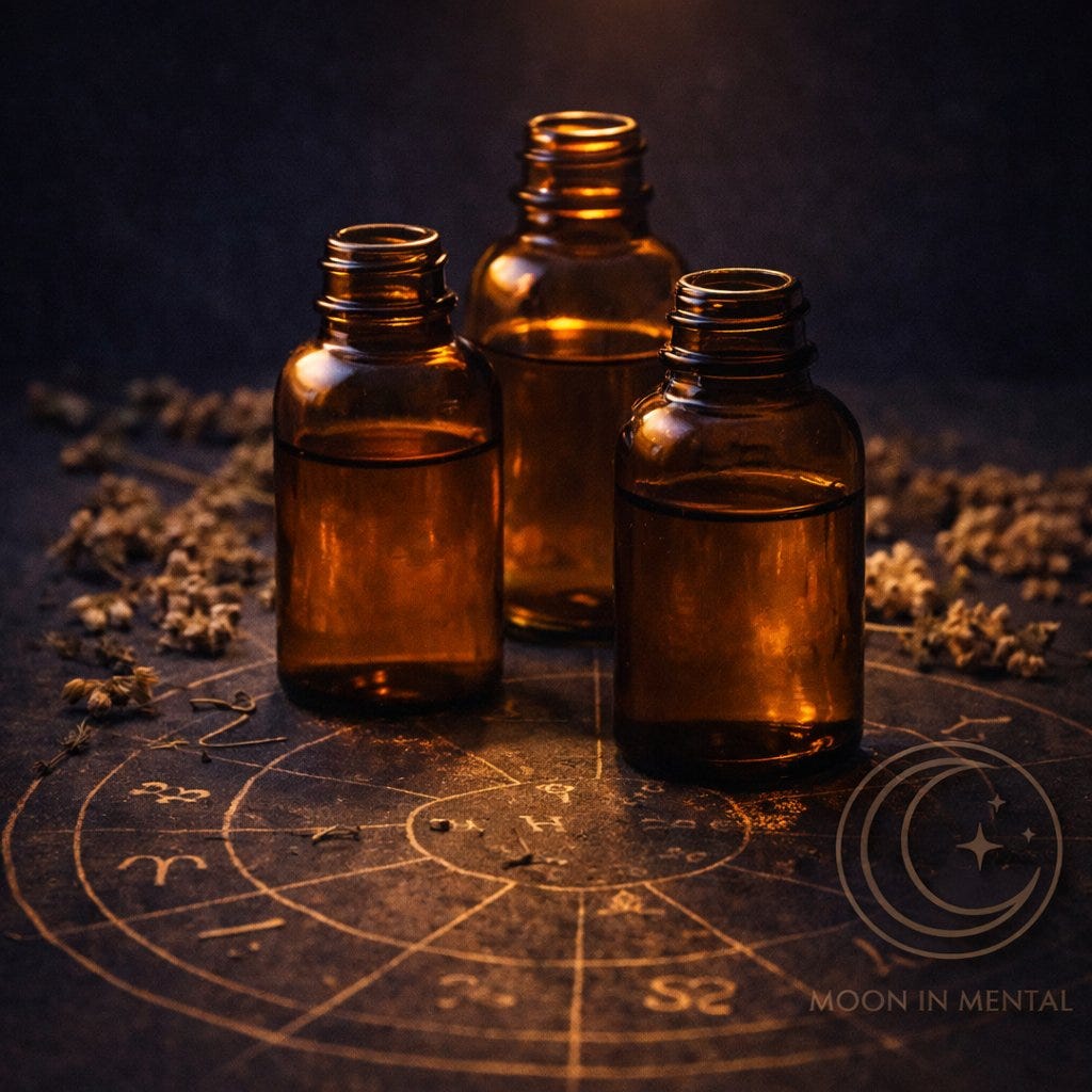 MoonInMental Custom Transit Alignment Protocol launch February 2026. Amber aromatherapy bottle with lavender representing personalized nervous system support through natal chart transit mapping.