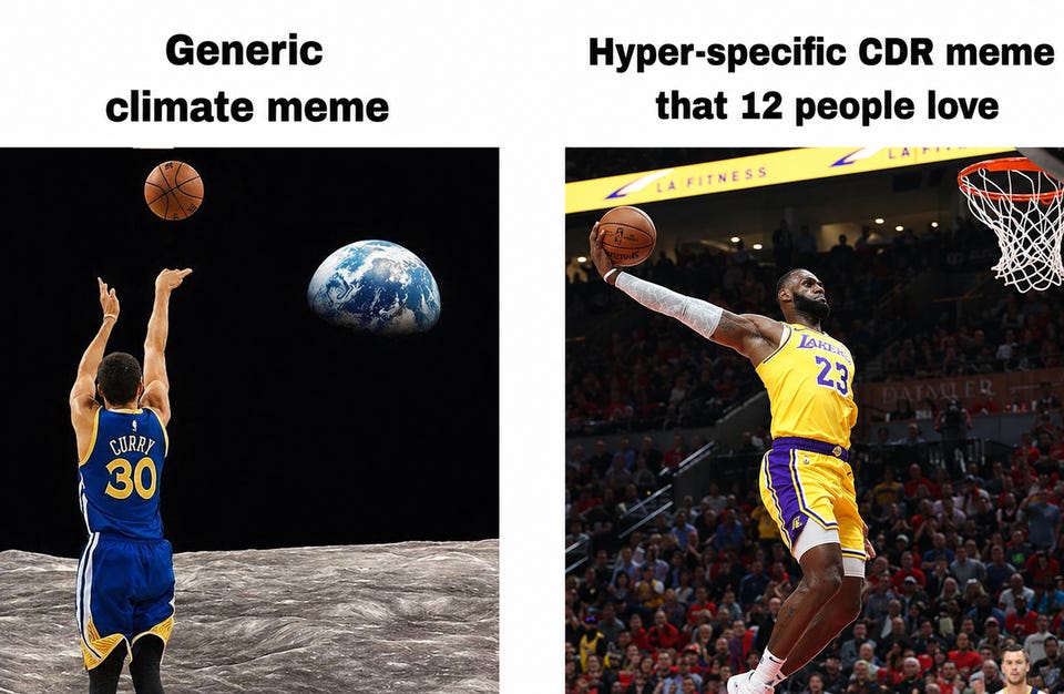 Two basketball photos. "Generic climate meme": a player shooting on the surface of the moon with Earth in the sky. "Hyper-specific CDR meme that 12 people love": LeBron James mid-dunk.
