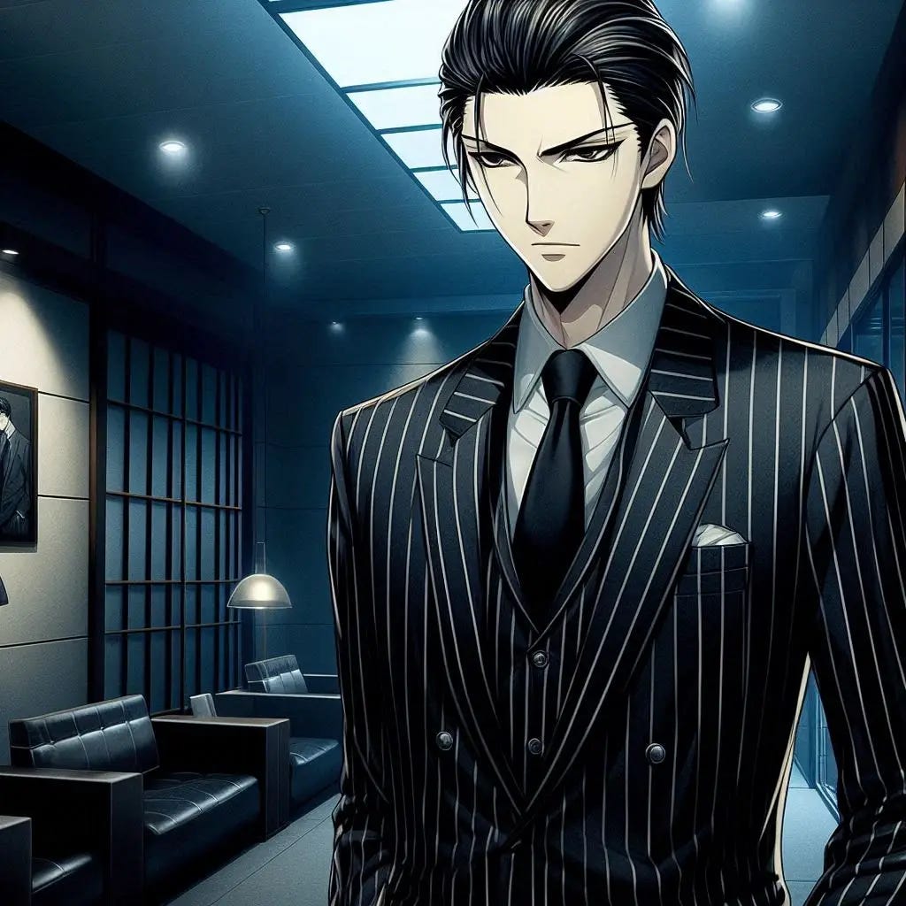a well kempt man who wears a pinstripe suit and have black slick back hair standing in a dark waiting room. anime art style. dark. modern.
