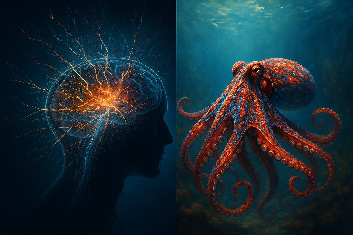 A split-panel digital artwork compares two radically different architectures of intelligence. Left panel: a glowing human brain inside a shadowed head, with bright orange neural pathways branching outward like living lightning, illuminating the skull from within. Right panel: a hyper-realistic octopus floating underwater, its skin shimmering with vibrant reds, blues, and oranges. Its arms curl in dynamic spirals, showcasing the decentralised, distributed nature of its nervous system. Together, the panels visually juxtapose human centralised neurology and cephalopod distributed intelligence.
