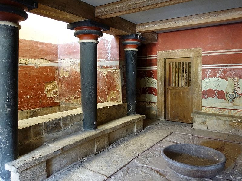 Knosses Throne Room with stepped bathing chamber linked to female initiation ceremony Knosses Throne Room with stepped bathing chamber linked to female initiation ceremony