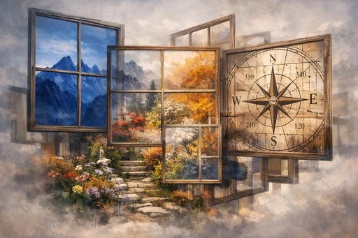 Multiple overlapping window frames showing the same landscape, each revealing different aspects through different linguistic and perceptual lenses.