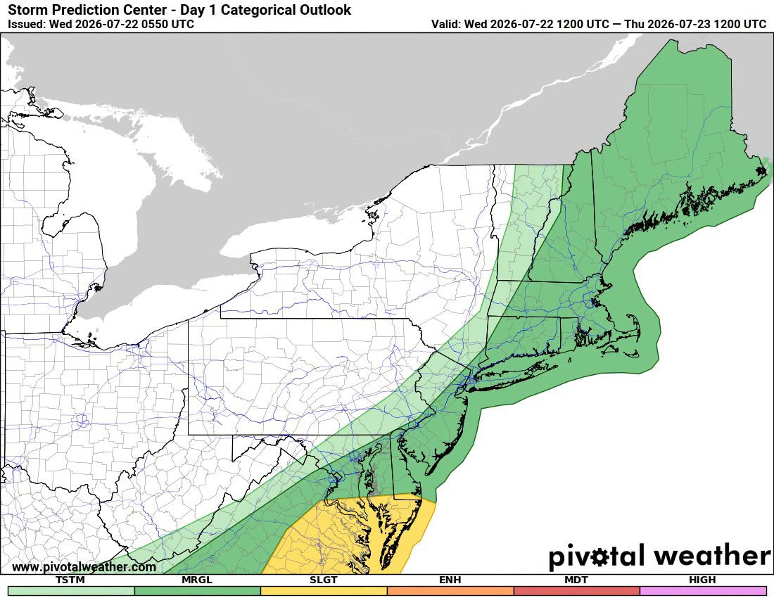 May be an image of map and text that says 'Storm Prediction Center Day 1 Categorical Outlook Issued: Wed 2026-07-22 22 0550 TC Valid: Wed 2026-07-22 07-22 1200 UTC Thu 2026-07-23 1200 TC www. www.pivotalweather.com TSTM MRGL SLGT ENH piv#tal weather MDT HIGH'