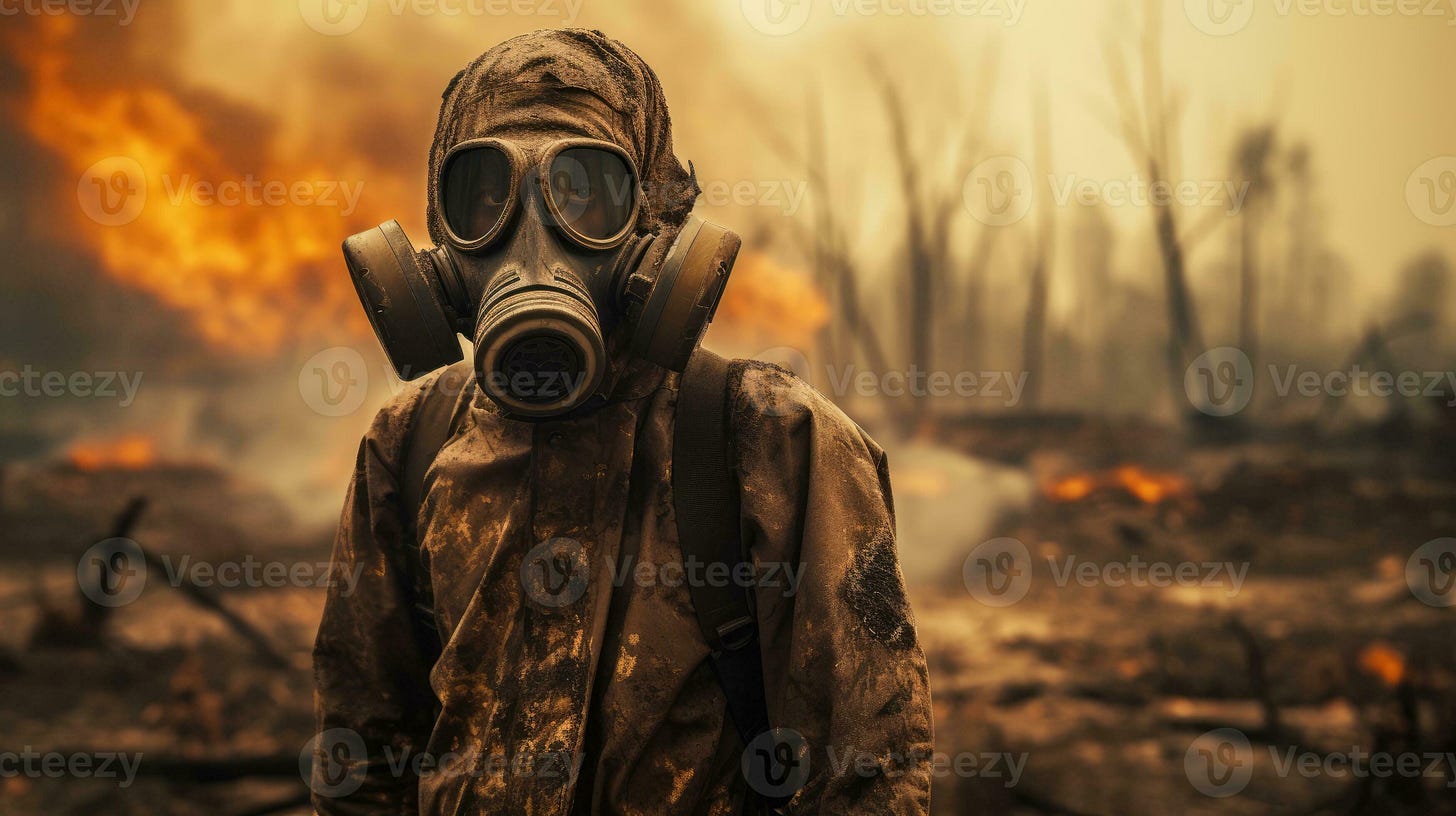 Scorched earth after the end of the world. Man in a mask and protective  suit AI Generative 32421247 Stock Photo at Vecteezy