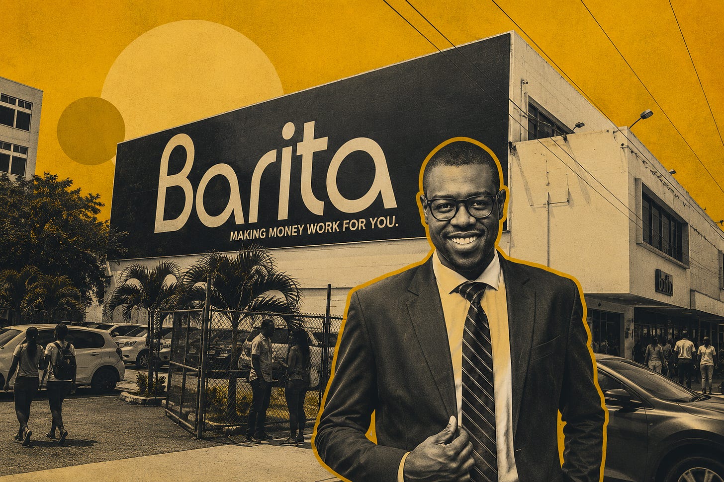 A stylized editorial illustration of the Barita headquarters in Jamaica, rendered in a bold yellow-and-grayscale graphic style. In the foreground stands Senator Ramon Small-Ferguson, CEO of Barita Investments, highlighted with a distinctive yellow outline that symbolises leadership, innovation, and economic growth. The composition blends contemporary business journalism with modern editorial artwork.