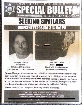 According to Merager, she is legally a female in the state of California and the charges against her are harassment. According to Merager, she is legally a female in the state of California and the charges against her are harassment.